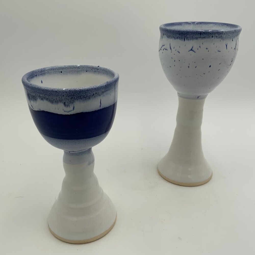 2 Sgnd Amy L Pottery Goblets Glazed Wine Chalices Blue & White